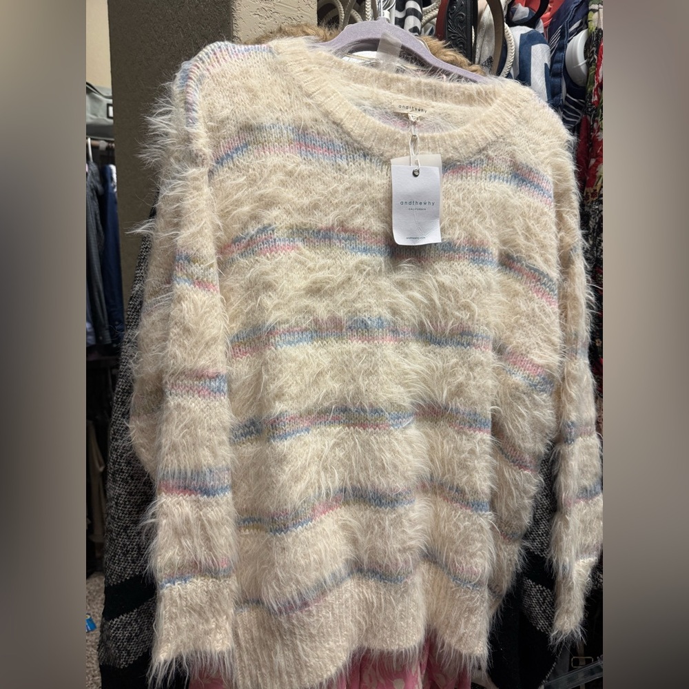 NWT andthewhy Multicolor Striped Fuzzy Sweater SZ Sm/Med